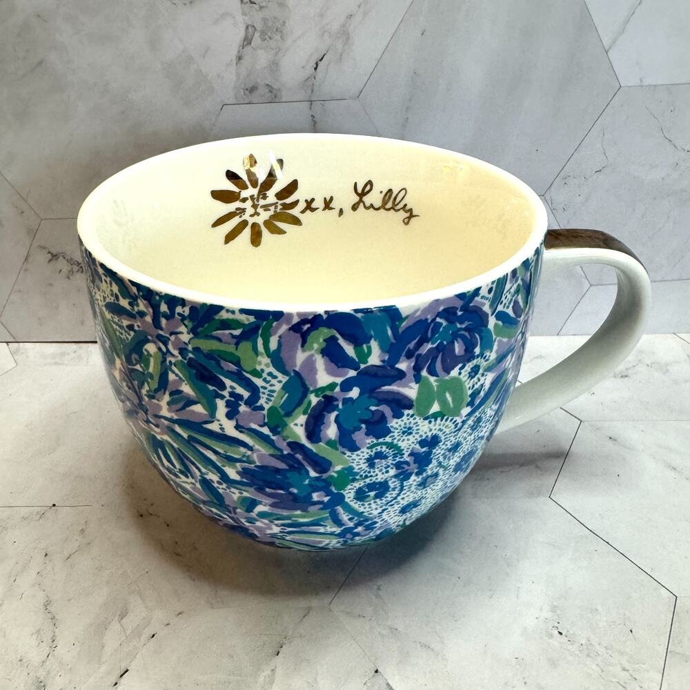 Lilly Pulitzer Tea Cup Floral Blue Purple Coffee Mug Gold Handle Ceramic EUC